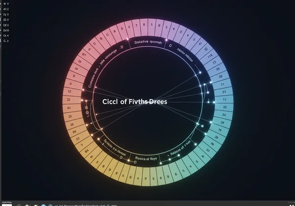 A stylized diagram of the Circle of Fifths with musical notes