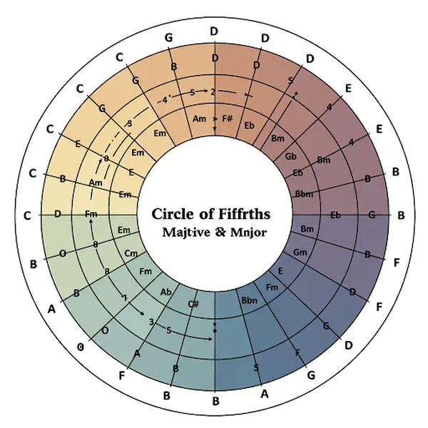 Gráfico del Círculo de Quintas que muestra las tonalidades relativas menores en el interior.