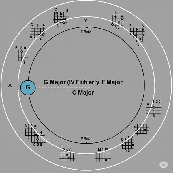 Akord piano I-IV-V yang ditunjukkan pada diagram Lingkaran Quinta.