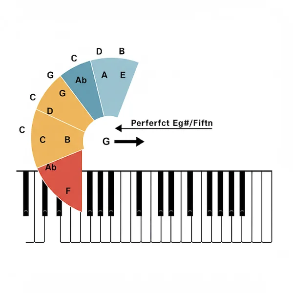 Lingkaran Quinta yang berkaitan dengan tata letak keyboard piano.