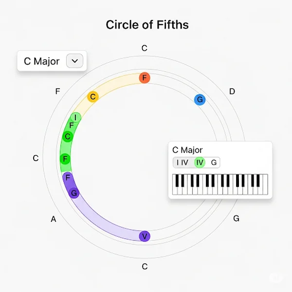 Outil interactif montrant les accords diatoniques de Do majeur au piano
