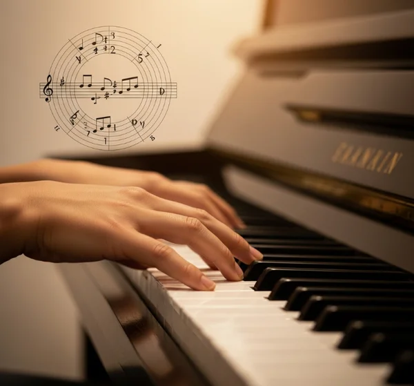 Mains jouant des gammes au piano guidées par le cercle des quintes