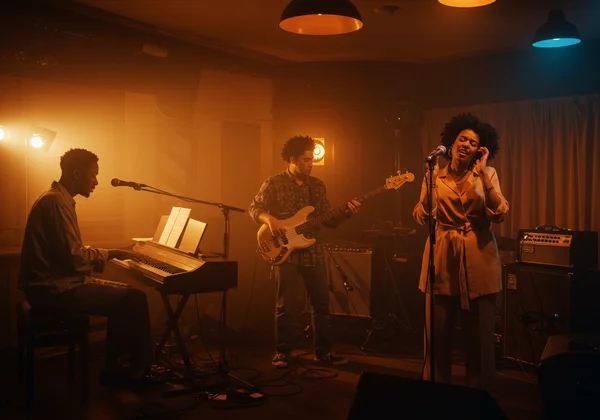Musicians playing soulful R&B music in a cozy venue.