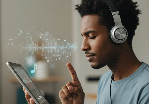 Person listening to music, ear training with chord playback