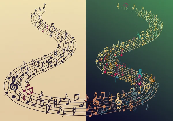Music notes on a straight path vs. a rich, complex path