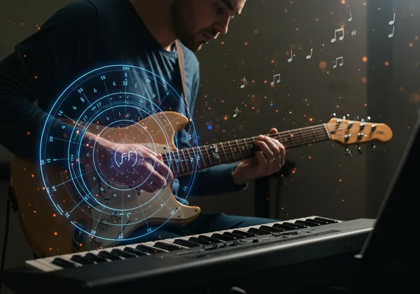 Musician using a digital Circle of Fifths for composition.