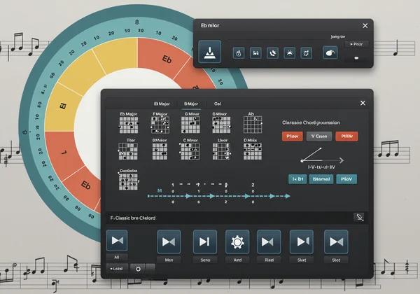 Interactive tool showing Eb major's chords and a play icon